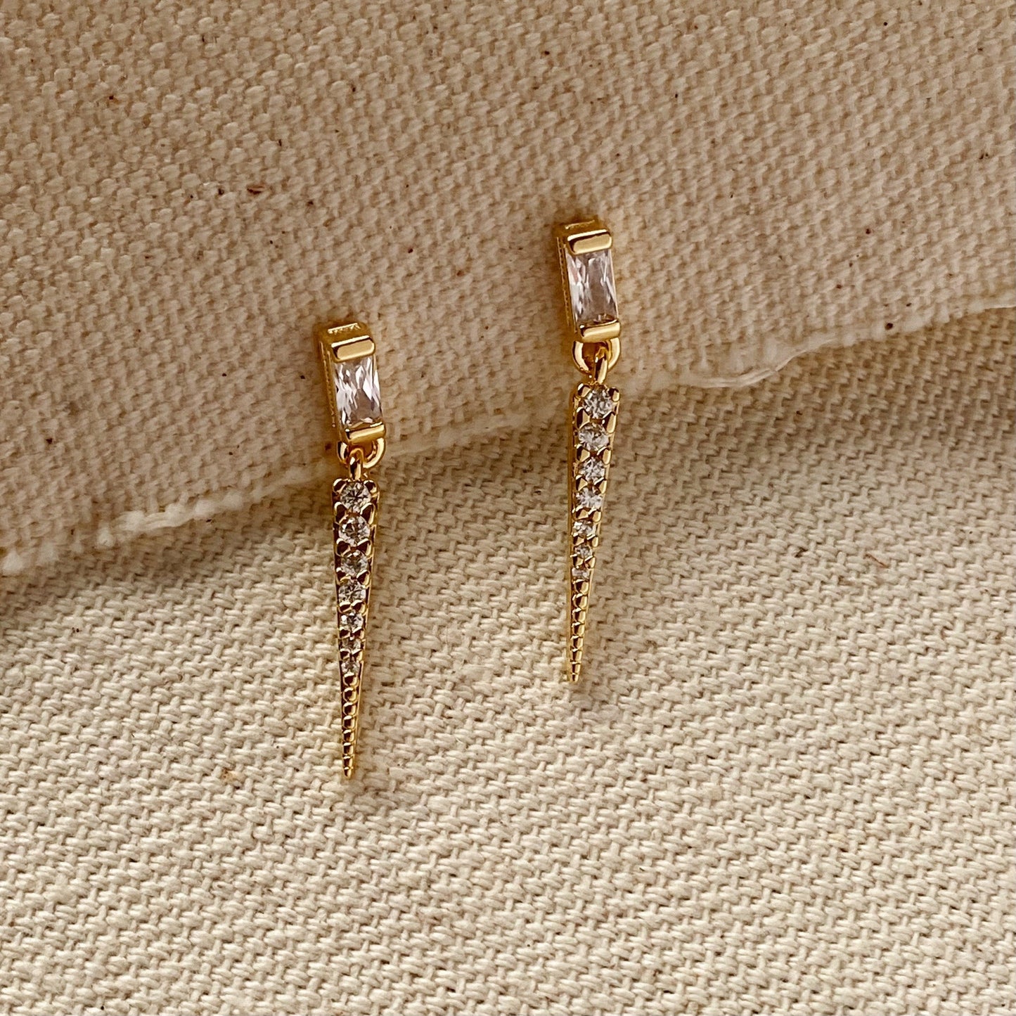 GoldFi 18k Gold Filled Earrings Featuring Baguette Cubic Zircon With Spike Drop