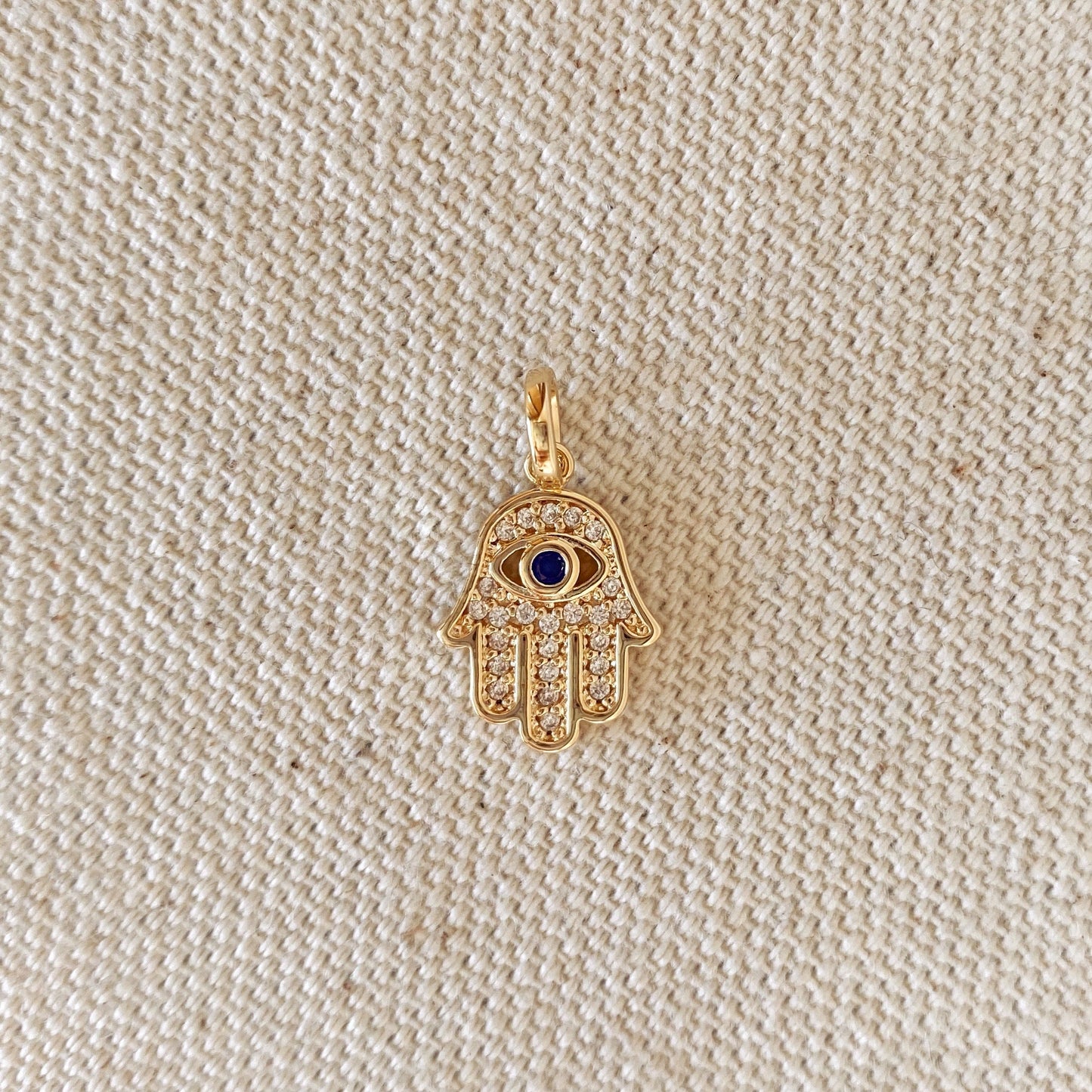 GoldFi 18k Gold Filled Evil Eye Hamsa Charm Featuring Cubic Zirconia Pendant