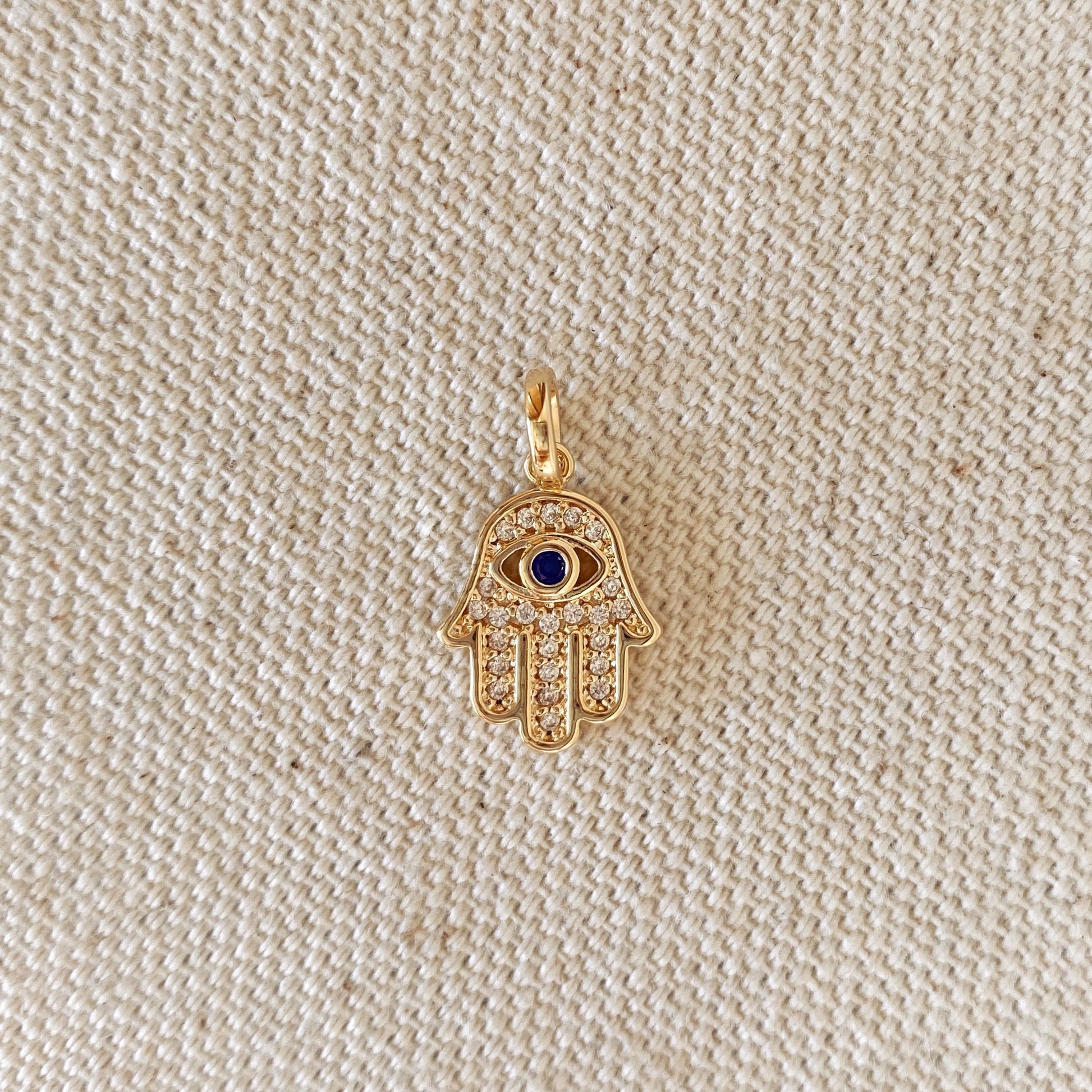 GoldFi 18k Gold Filled Evil Eye Hamsa Charm Featuring Cubic Zirconia Pendant