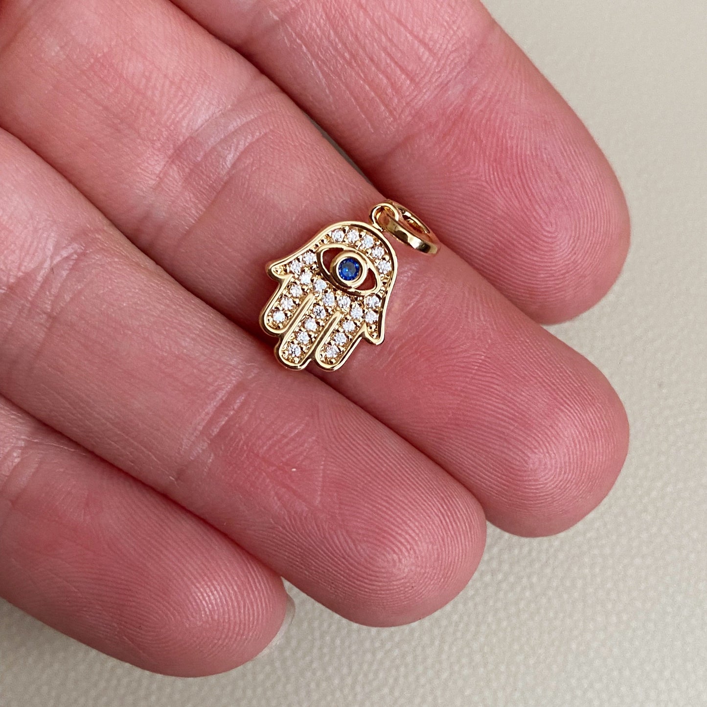 GoldFi 18k Gold Filled Evil Eye Hamsa Charm Featuring Cubic Zirconia Pendant