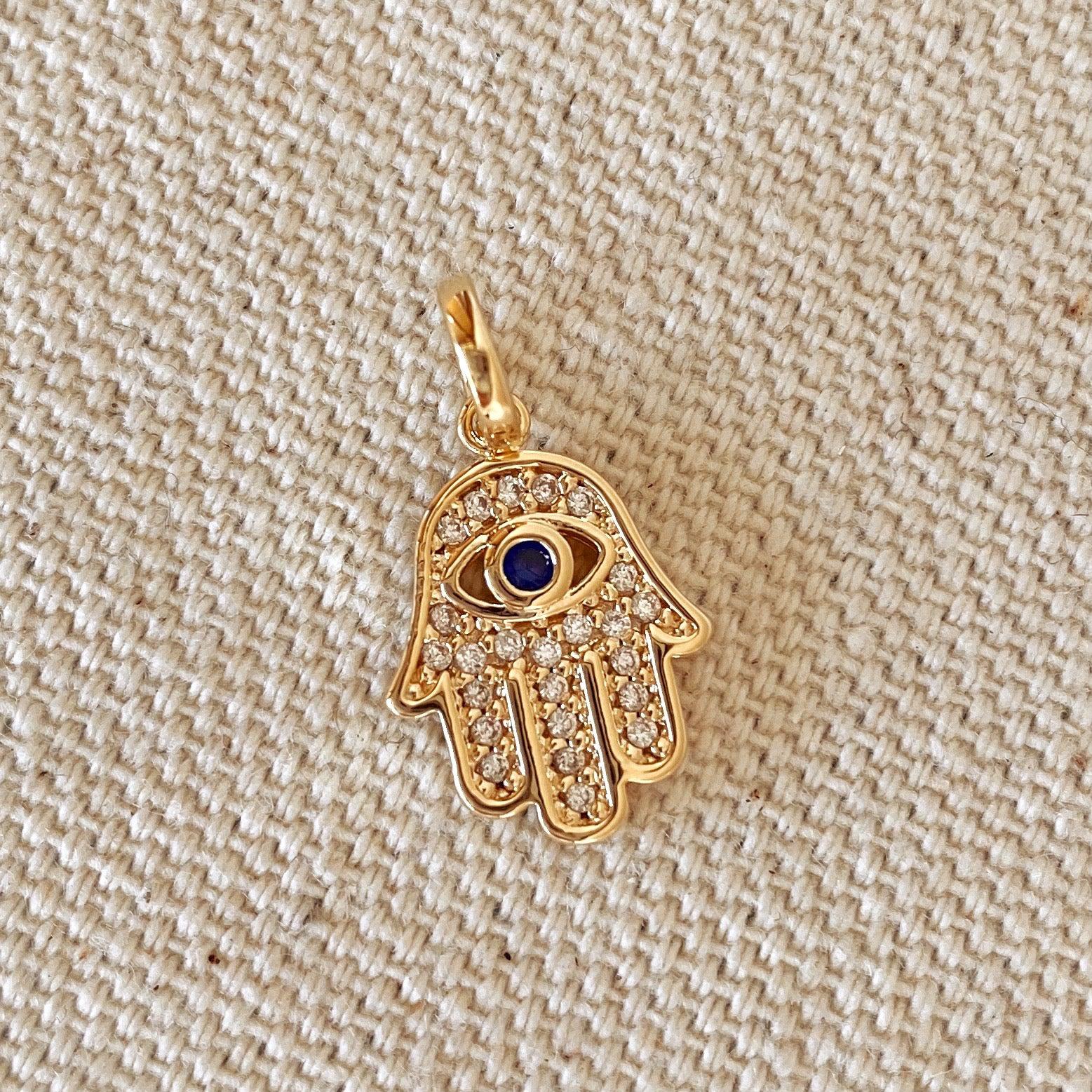 GoldFi 18k Gold Filled Evil Eye Hamsa Charm Featuring Cubic Zirconia Pendant