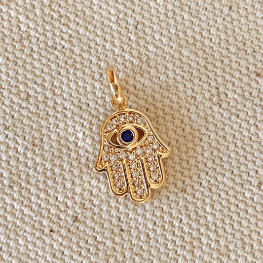 GoldFi 18k Gold Filled Evil Eye Hamsa Charm Featuring Cubic Zirconia Pendant