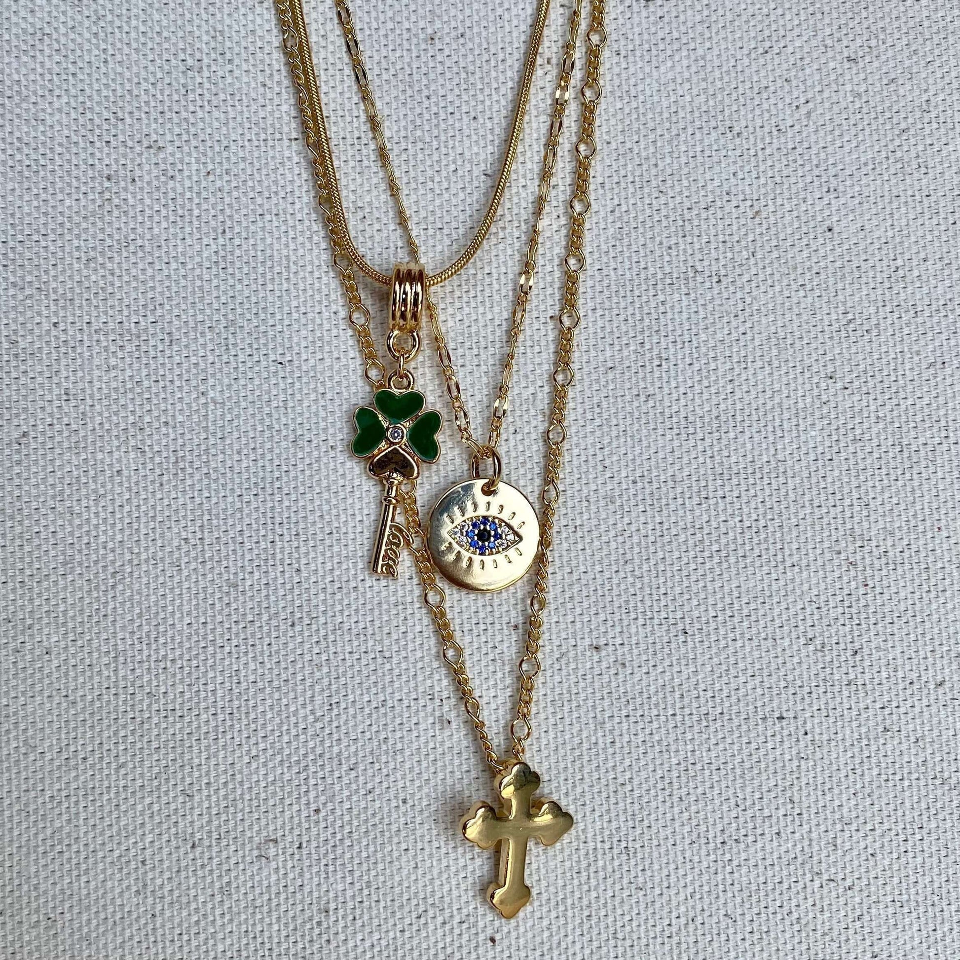 GoldFi 18k Gold Filled Evil Eye Lucky Clover Cross Charm Necklace