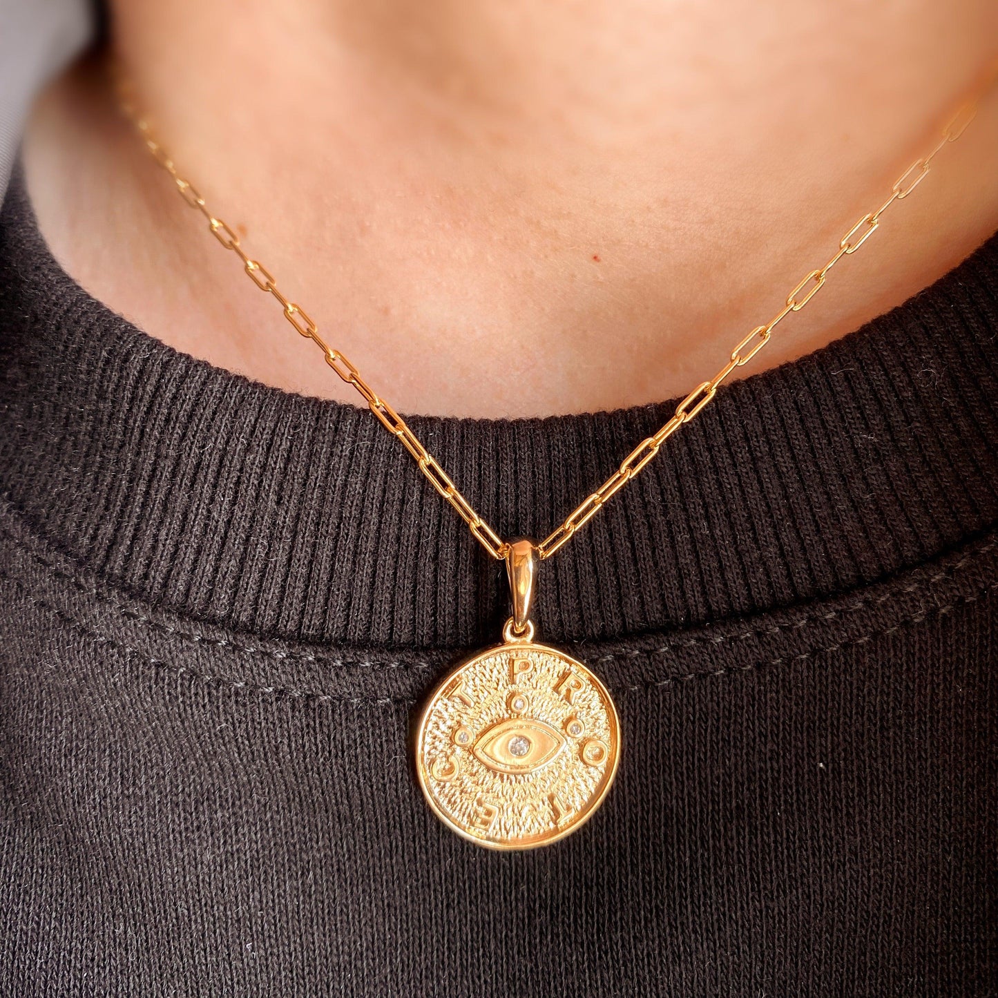 GoldFi 18k Gold Filled Evil Eye Protection Pendant Featuring Textured Background PROTECT Letters