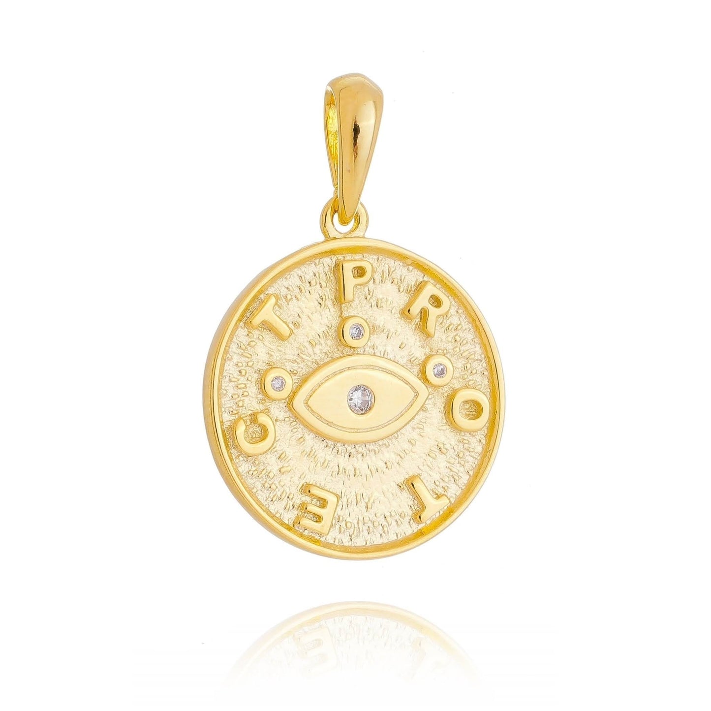 GoldFi 18k Gold Filled Evil Eye Protection Pendant Featuring Textured Background PROTECT Letters