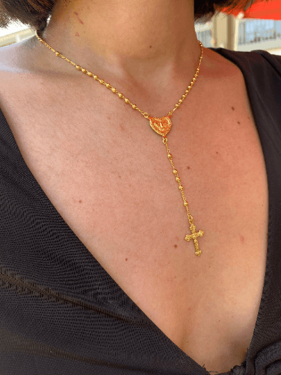 18k Gold Filled Fashion Rosary Style Necklace In 2mm Plain Gold Beads Featuring A Dove Heart Charm And Crucifix 18" Length Wholesale