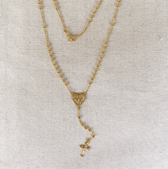 18k Gold Filled Fashion Rosary Style Necklace In 2mm Plain Gold Beads Featuring A Dove Heart Charm And Crucifix 18" Length Wholesale