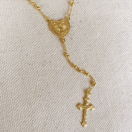 18k Gold Filled Fashion Rosary Style Necklace In 2mm Plain Gold Beads Featuring A Dove Heart Charm And Crucifix 18" Length Wholesale