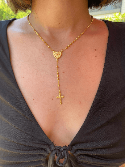 18k Gold Filled Fashion Rosary Style Necklace In 2mm Plain Gold Beads Featuring A Dove Heart Charm And Crucifix 18" Length Wholesale