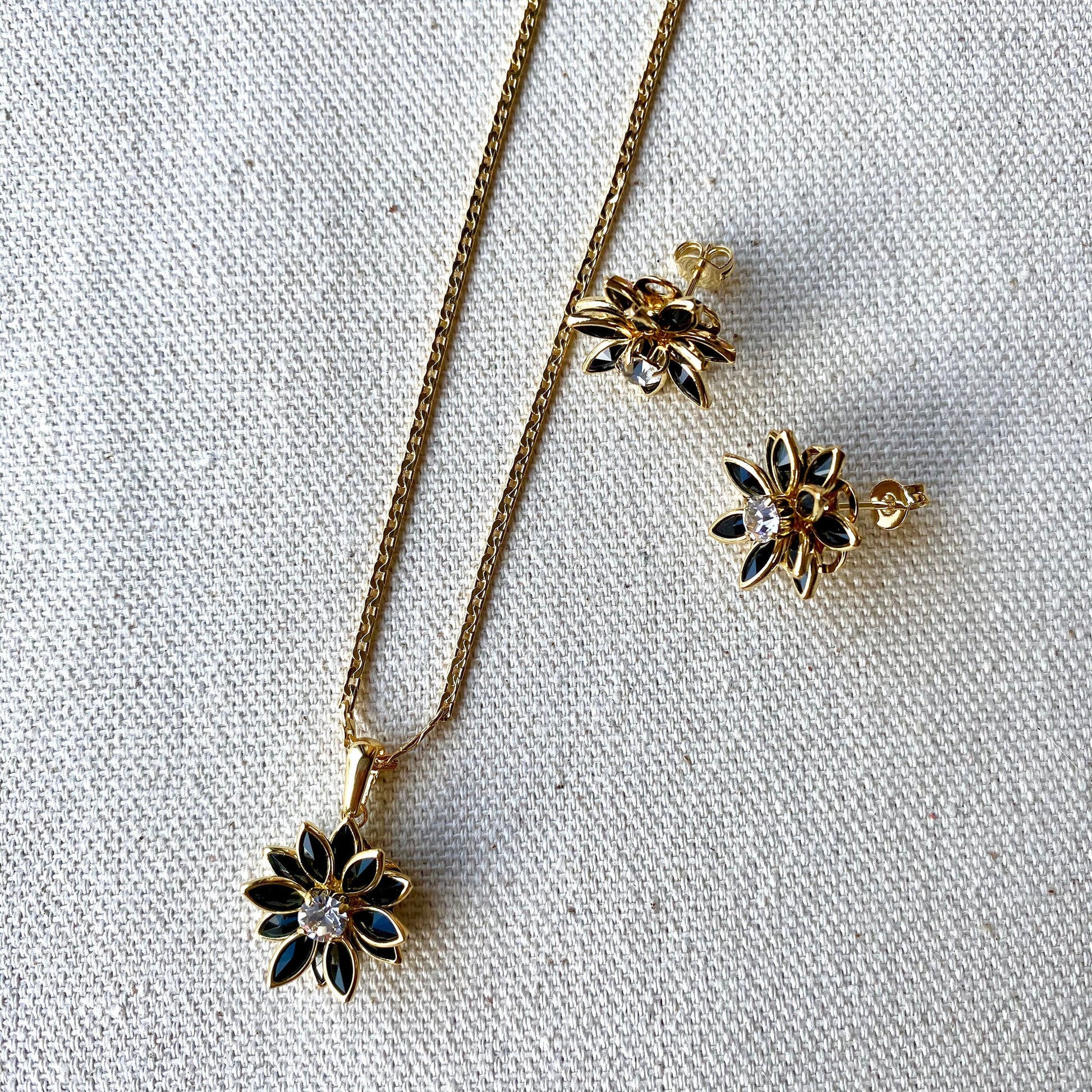 GoldFi 18k Gold Filled Flower Earrings Featuring Simulated Onyx Petals and Cubic Zirconia