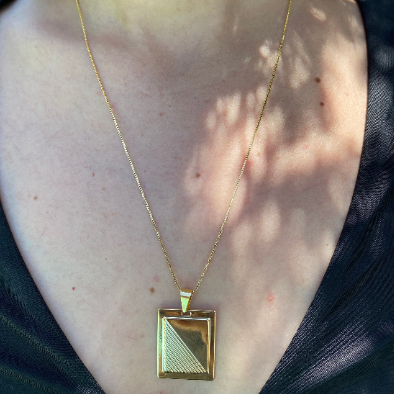 GoldFi 18k Gold Filled Framed Double Sided Plate Rectangle Pendant Unisex Diagonal Half Cut Front And Hammered Back