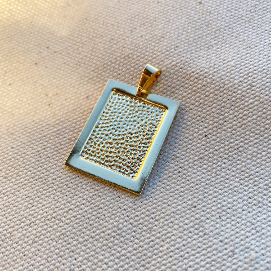 GoldFi 18k Gold Filled Framed Double Sided Plate Rectangle Pendant Unisex Diagonal Half Cut Front And Hammered Back