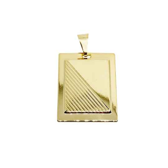 GoldFi 18k Gold Filled Framed Double Sided Plate Rectangle Pendant Unisex Diagonal Half Cut Front And Hammered Back