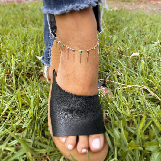 GoldFi 18k Gold Filled Fringed Box Chain Anklet Featuring Details Of Micro Zirconia Available In Multicolor, Black or Clear