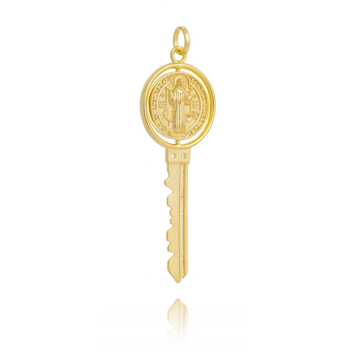 GoldFi 18k Gold Filled Key Pendant Featuring Swivel Medal Of St. Benedict