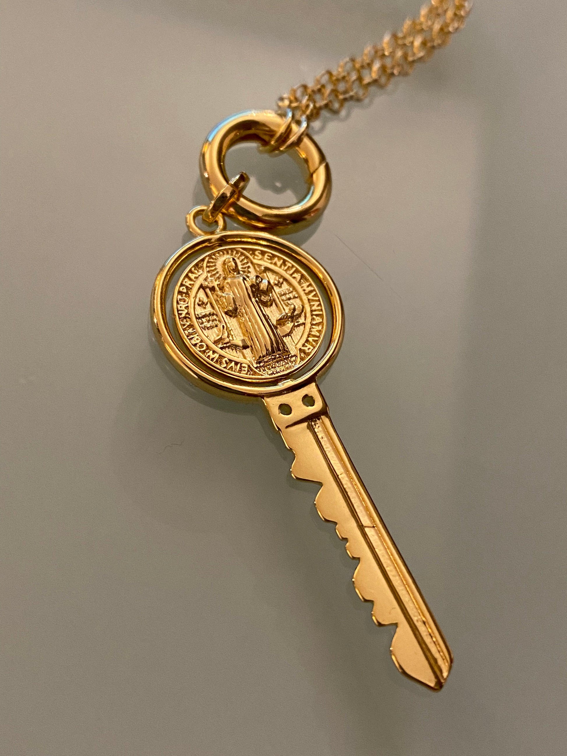 GoldFi 18k Gold Filled Key Pendant Featuring Swivel Medal Of St. Benedict