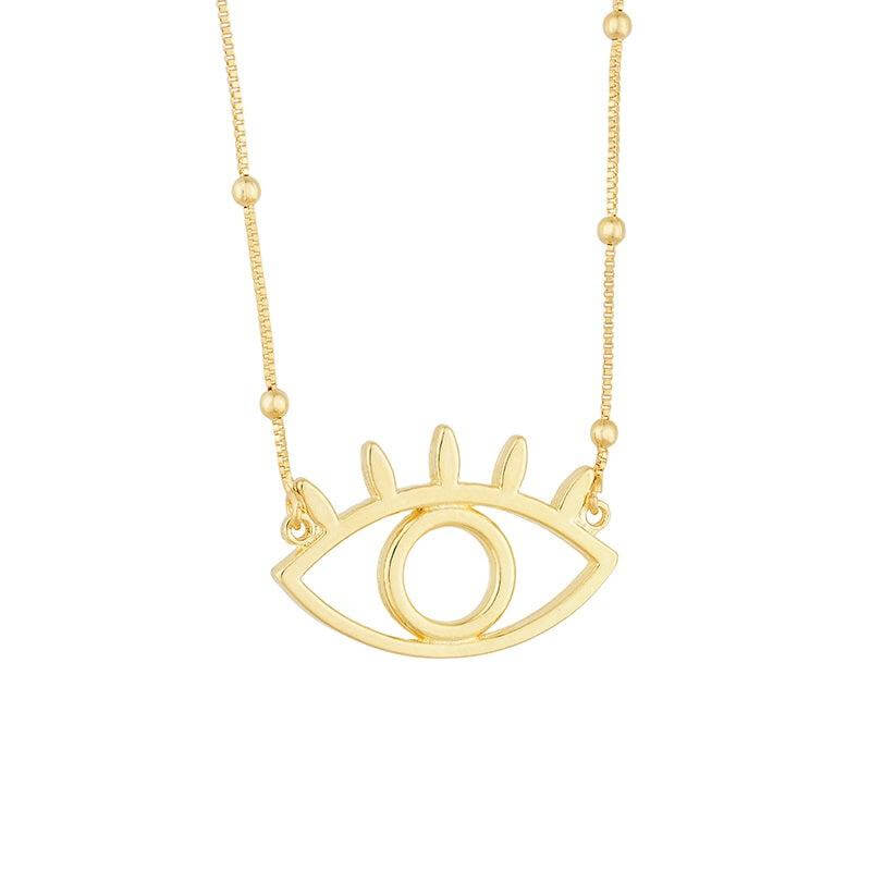 GoldFi 18k Gold Filled Long Evil Eye Necklace Featuring Satellite Chain