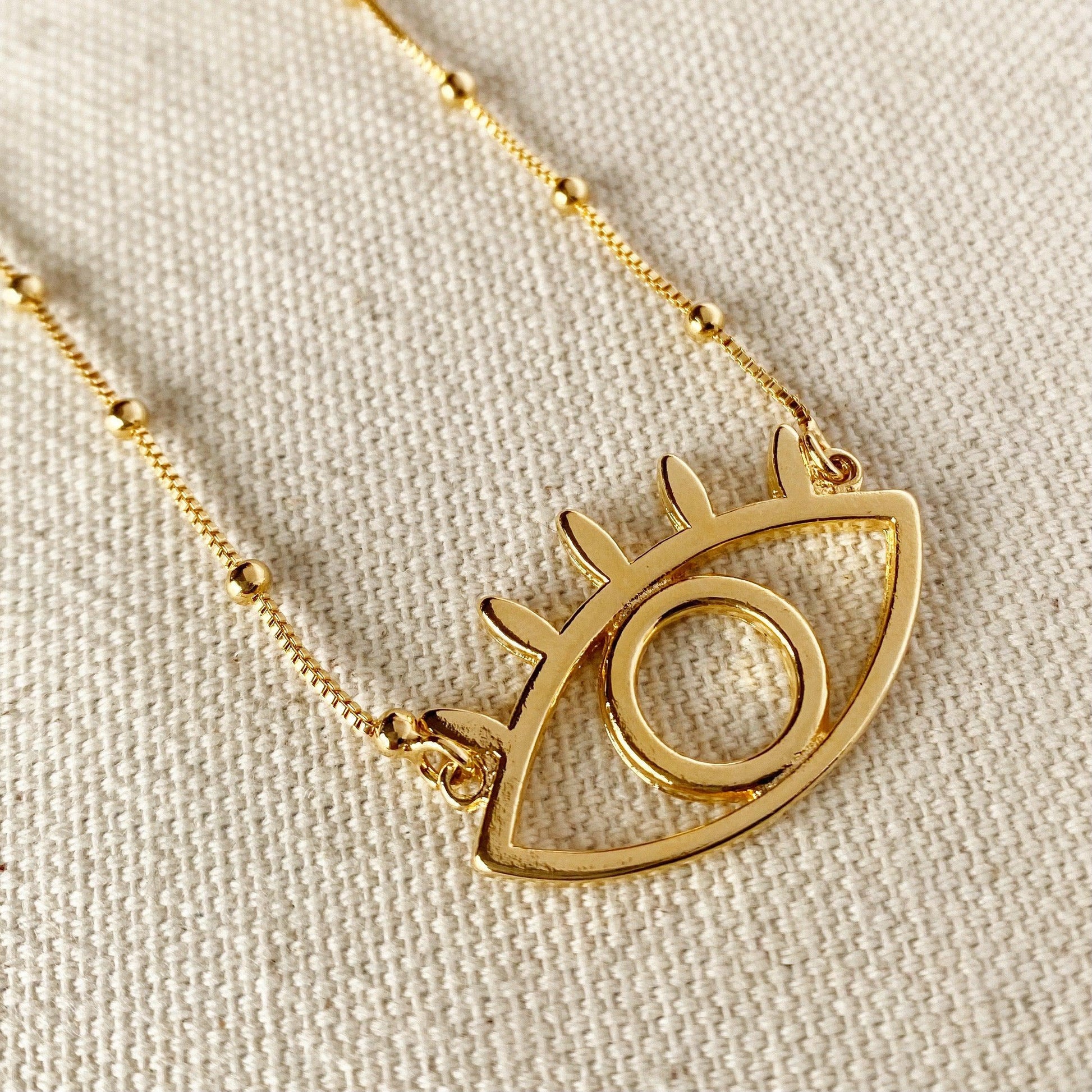 GoldFi 18k Gold Filled Long Evil Eye Necklace Featuring Satellite Chain