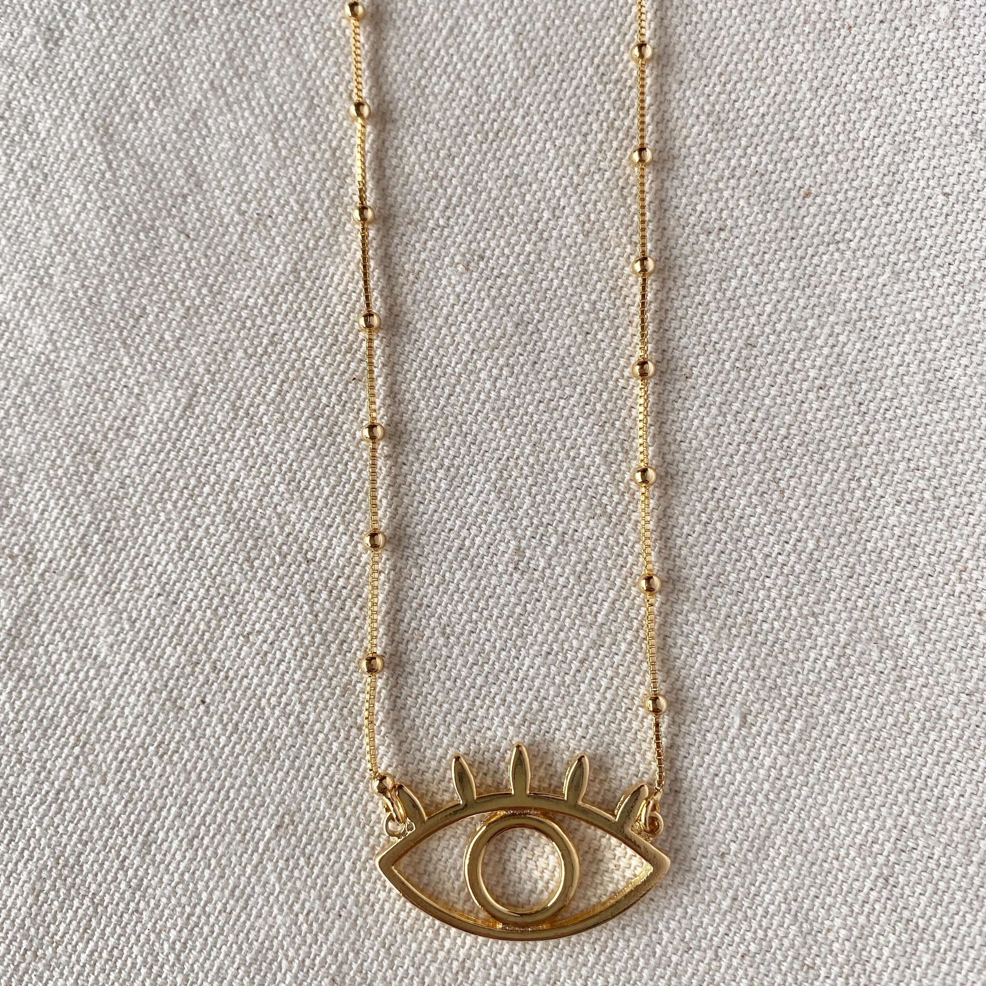 GoldFi 18k Gold Filled Long Evil Eye Necklace Featuring Satellite Chain