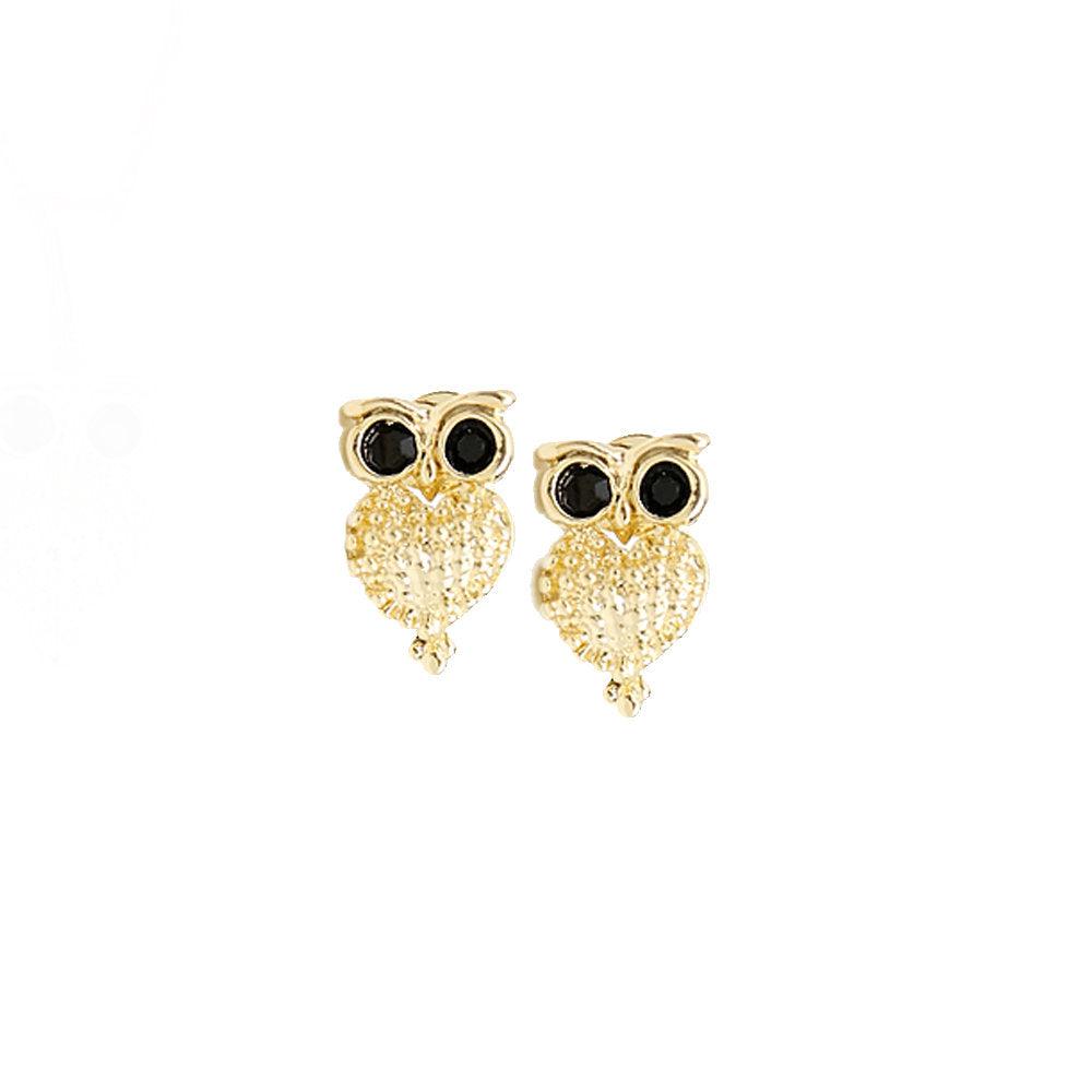 GoldFi 18k Gold Filled Owl Black Crystal Eyes Stud Earrings