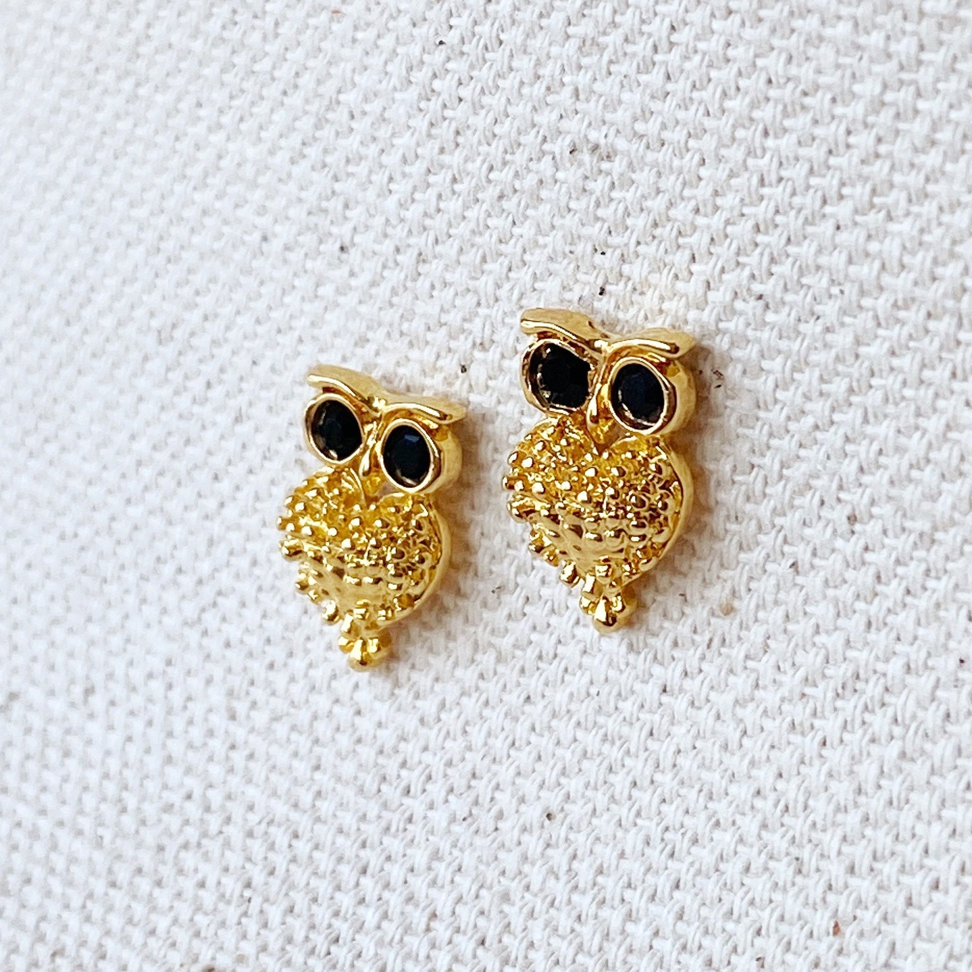 GoldFi 18k Gold Filled Owl Black Crystal Eyes Stud Earrings