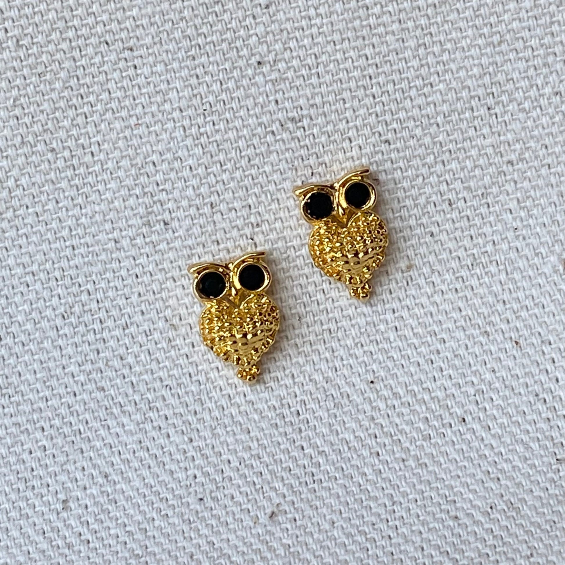 GoldFi 18k Gold Filled Owl Black Crystal Eyes Stud Earrings