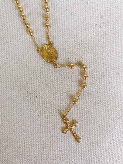 18k Gold Filled Rosary 4mm Plain Gold Beads In 18" Length Featuring Lady Mother of Grace Medallion And Crucifix Communion Miraculous