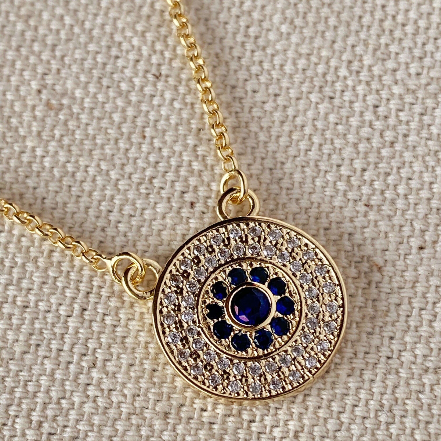 GoldFi 18k Gold Filled Round Evil Eye Necklace Featuring Detail In Cubic Zirconia