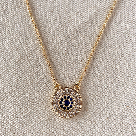 GoldFi 18k Gold Filled Round Evil Eye Necklace Featuring Detail In Cubic Zirconia