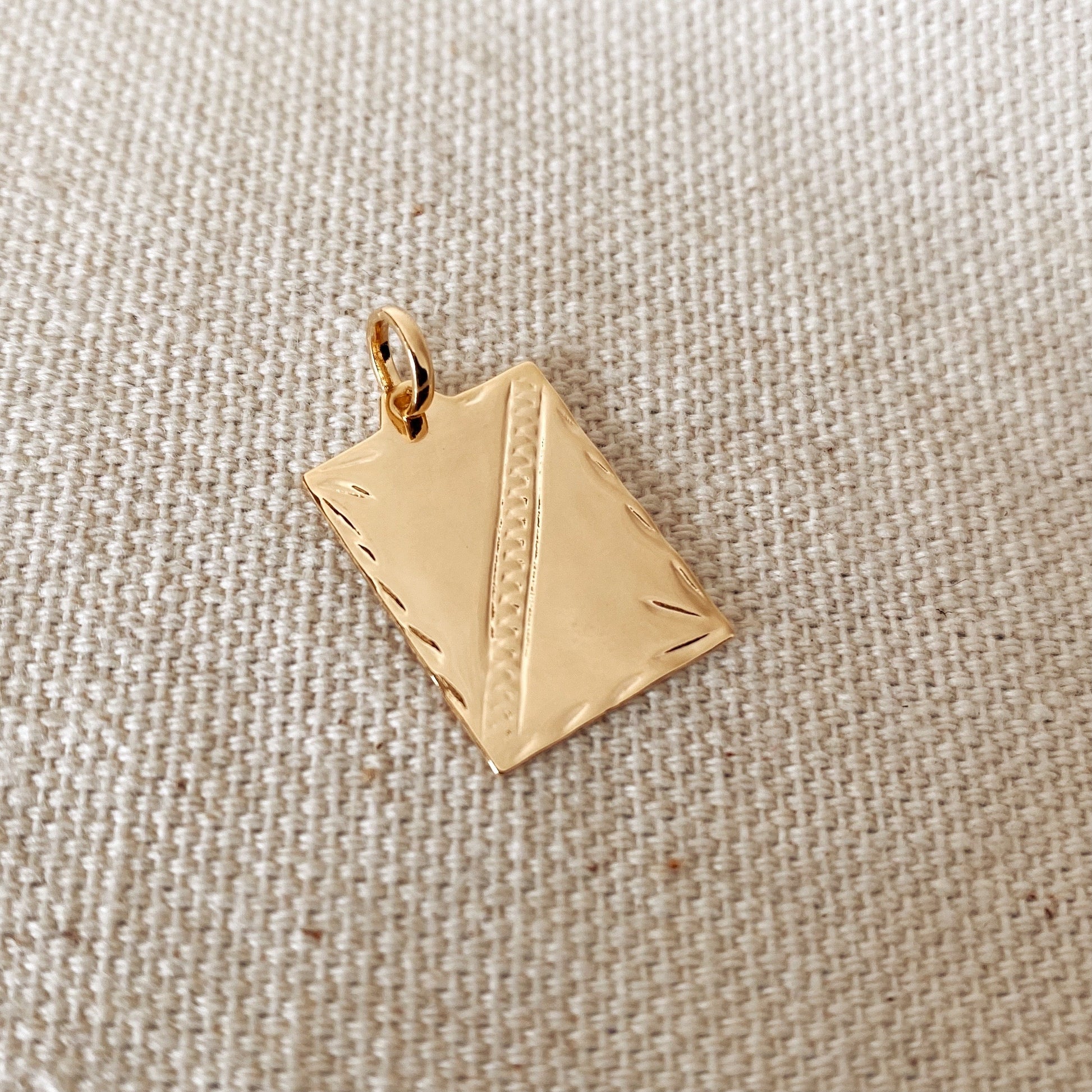 GoldFi 18k Gold Filled Tag Plate Pendant Featuring Diamond Cut Borders and Crossing Texture