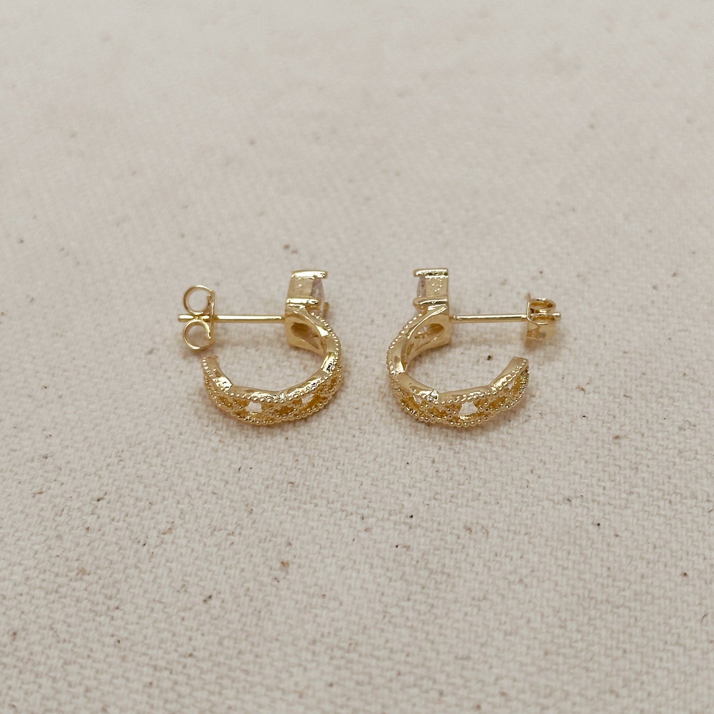 18k Gold Filled Vintage Princess Cut CZ Detailed C Hoop Earrings