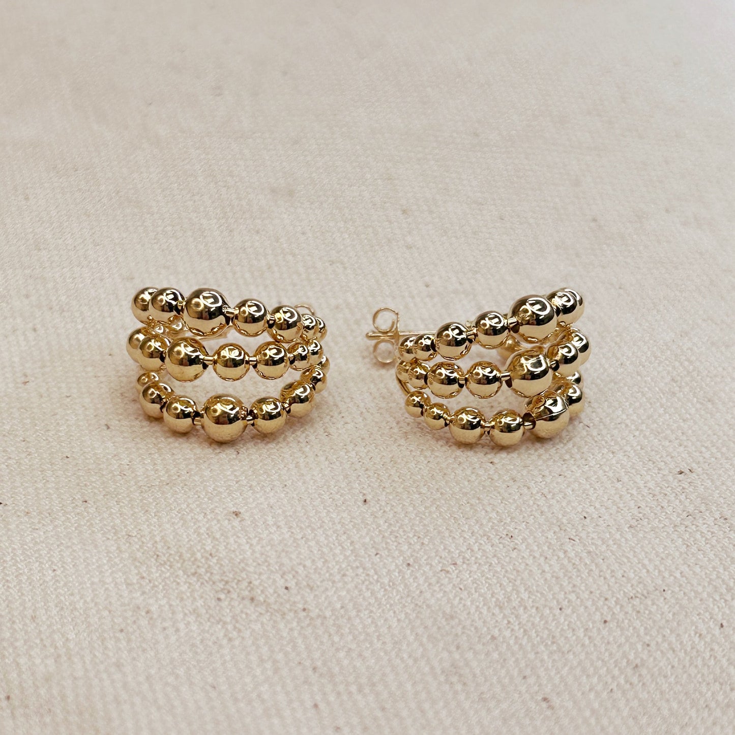 18k Gold Filled Triple Line Beaded C Hoop Earrings