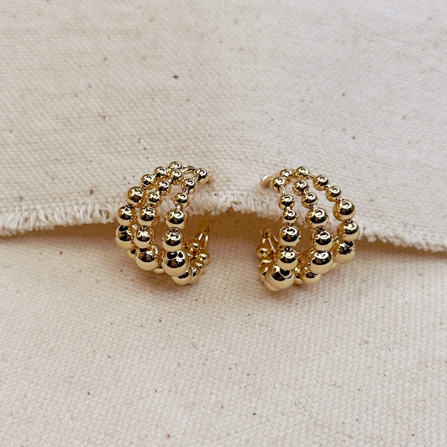 18k Gold Filled Triple Line Beaded C Hoop Earrings