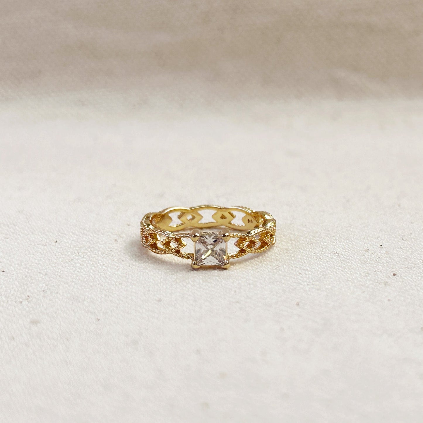 18k Gold Filled CZ Princess Cut With Vintage Detailed Band Ring