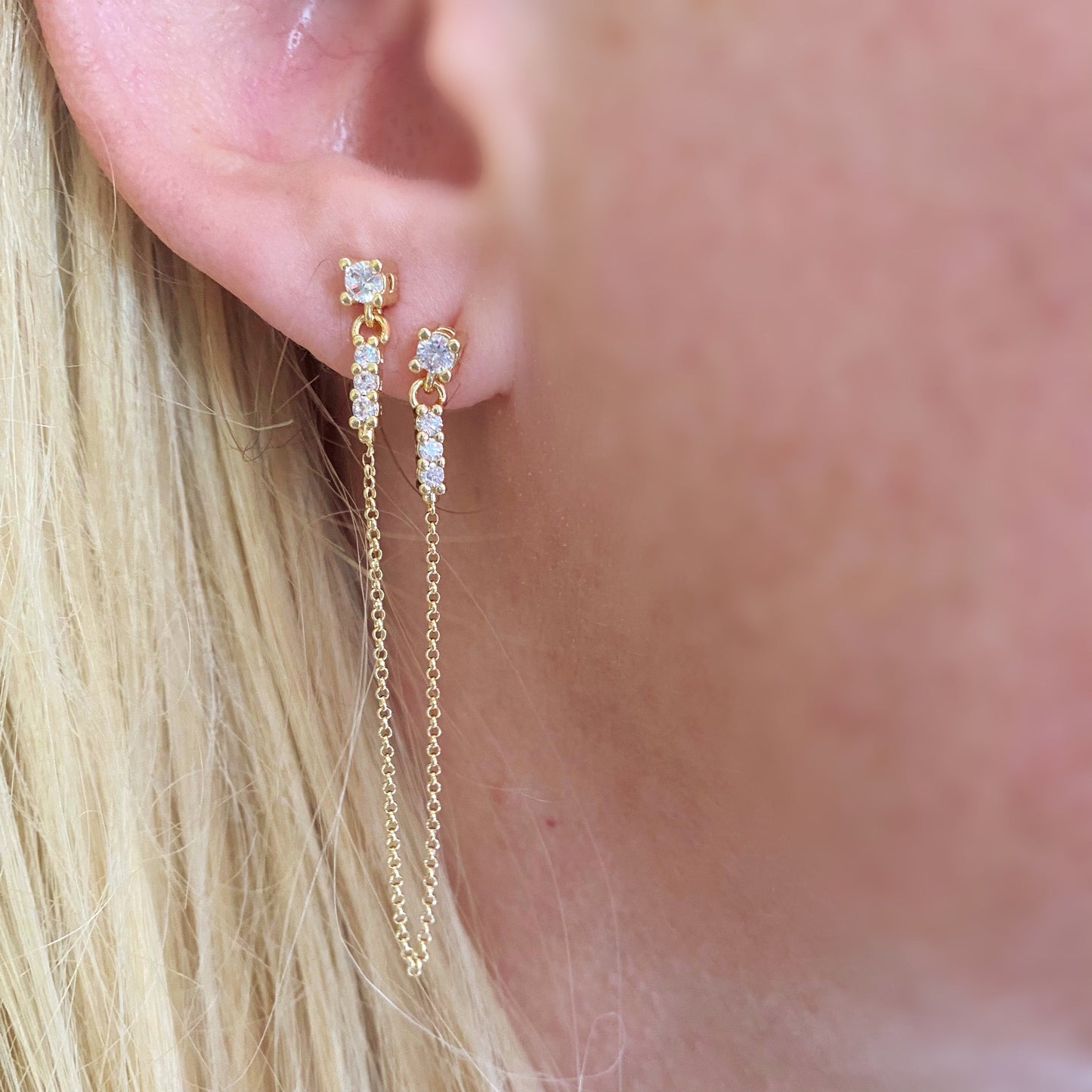 CZ Double Piercing Earrings Connected by Chain