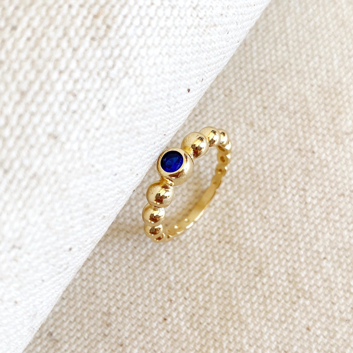 GoldFi 18k Gold Filled Beaded Blue Cubic Zirconia Bezel Ring