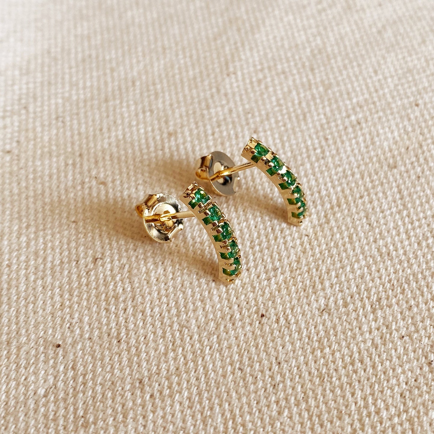 GoldFi 18k Gold Filled Curved Bar Emerald Green Crystal Stud Earrings