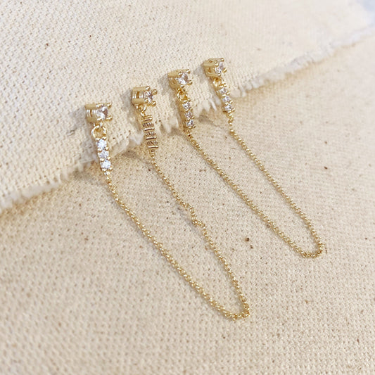 CZ Double Piercing Earrings Connected by Chain