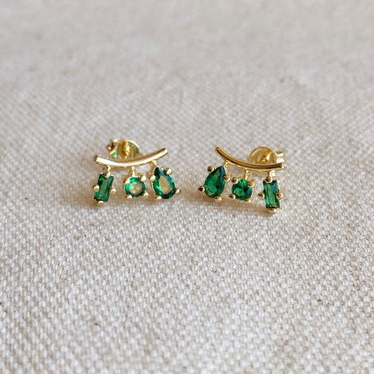 18k Gold Filled Emerald Cubic Zirconia 3-Shapes Stud Earrings