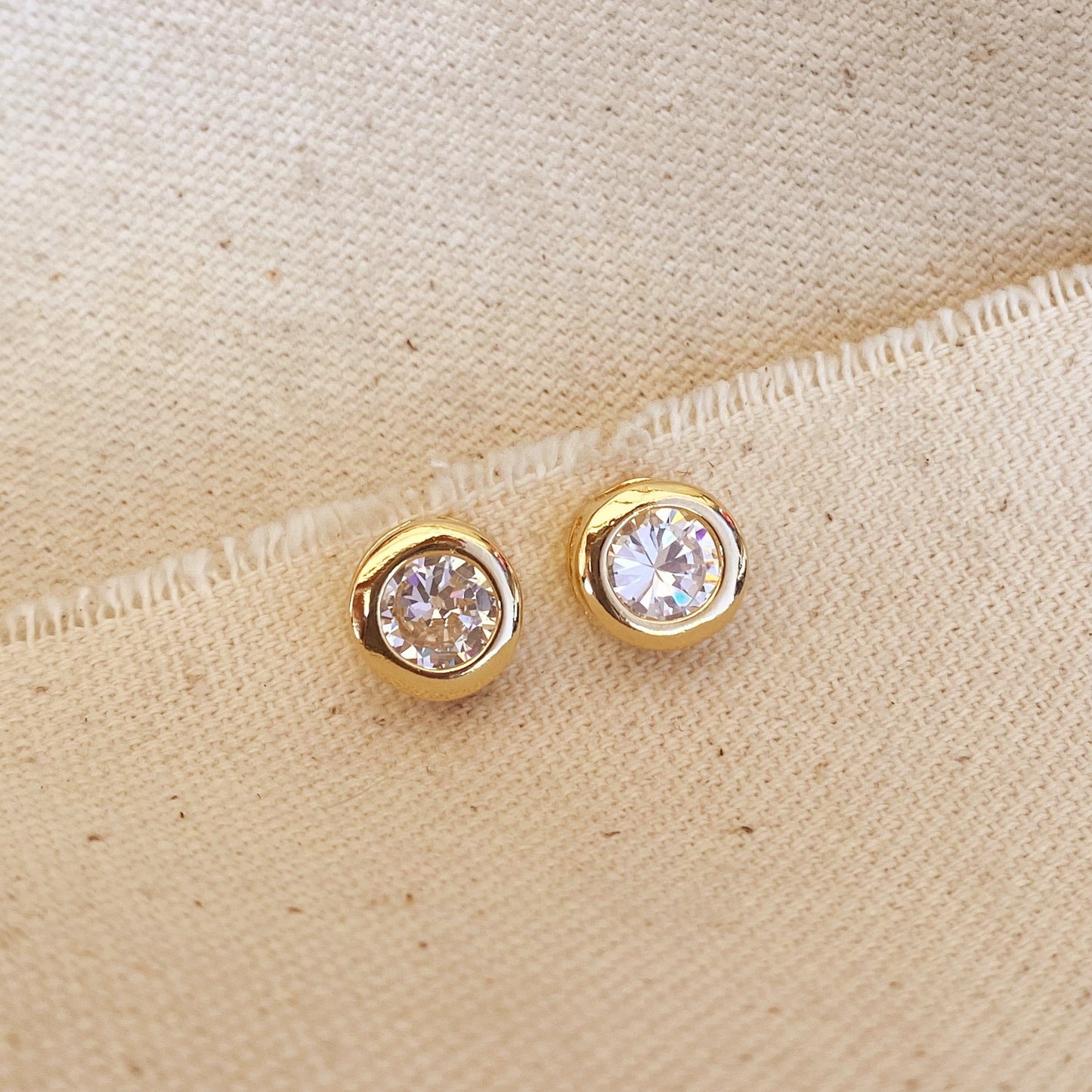 GoldFi 18k Gold Filled 10mm Bezeled Cubic Zirconia Stone Stud Earrings