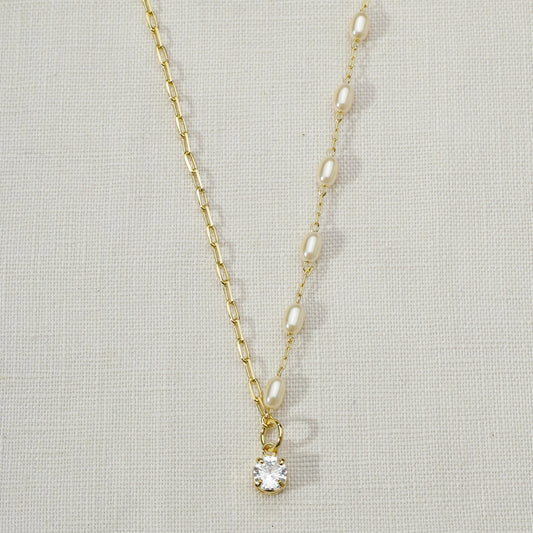 18k Gold Filled Oval Shaped Pearl Necklace With Cubic Zirconia Stone Charm