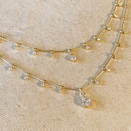 18k Gold Filled Double Teardrop Clear Necklace