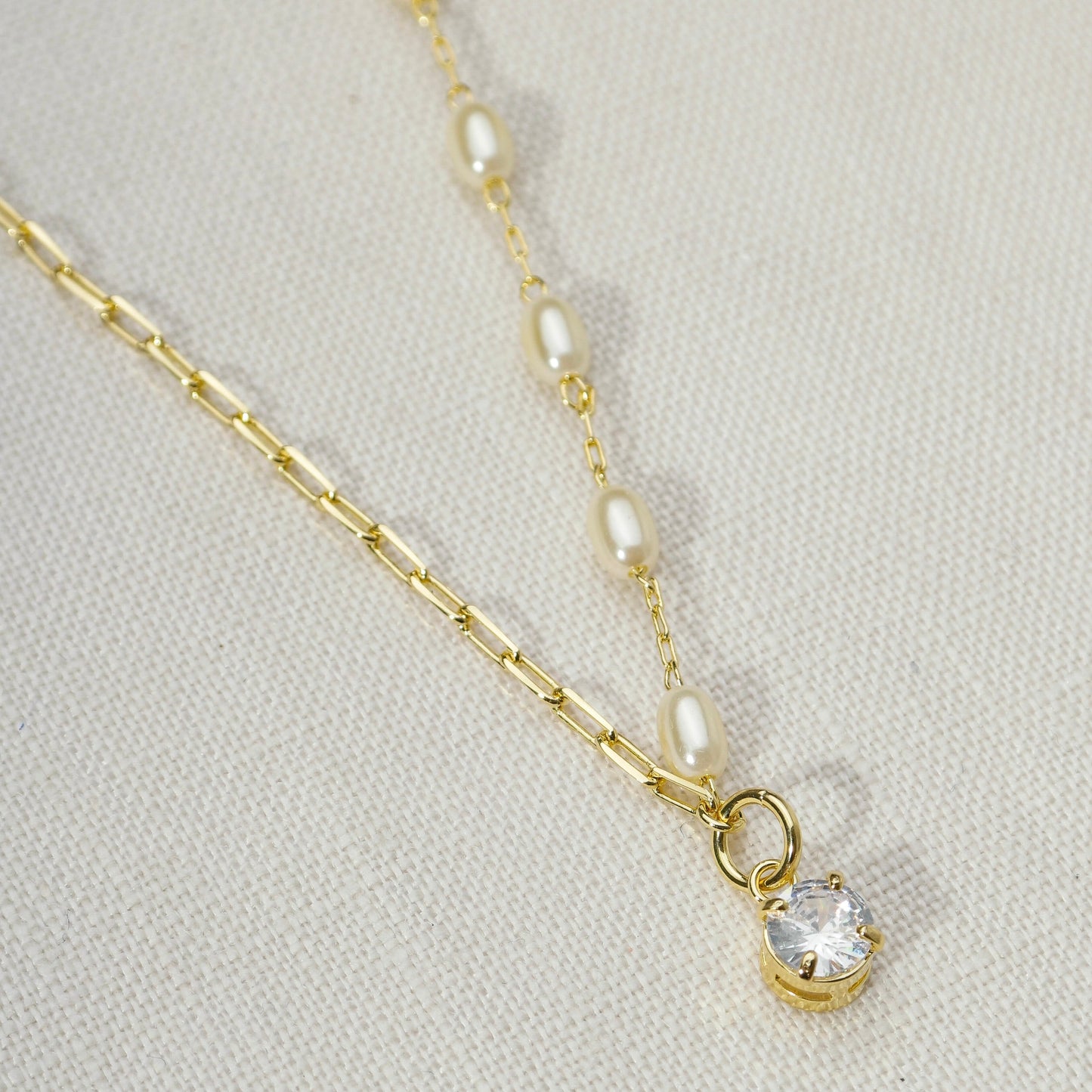 18k Gold Filled Oval Shaped Pearl Necklace With Cubic Zirconia Stone Charm