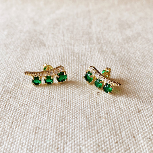 18k Gold Filled Triple Stone Emerald Ear Climber Earrings