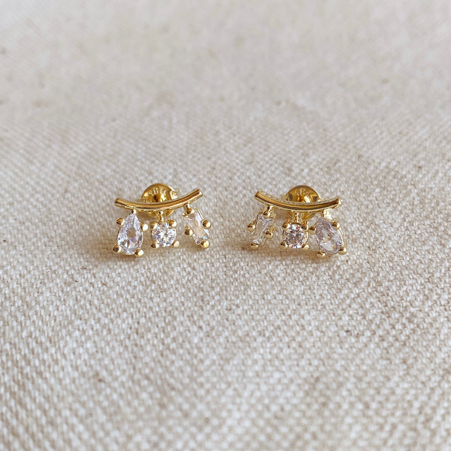 18k Gold Filled Clear Cubic Zirconia 3-Shapes Stud Earrings